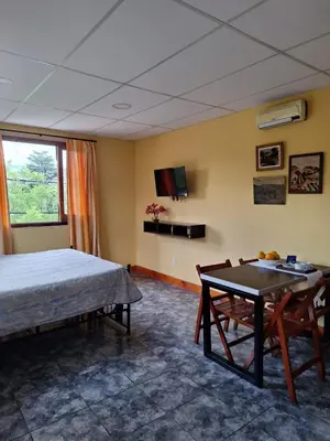 a room with a bed and a table and a tv at Apartamento Emir in Mina Clavero