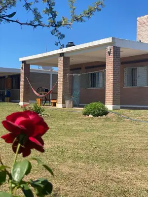 a house with a red flower in front of it at Cabañas El Descanso in Potrero de Garay