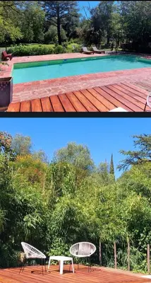 two pictures of a pool with a table and a bench at Posada El Cortijo in San Javier
