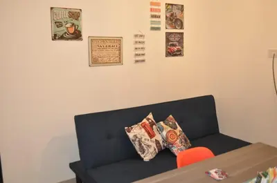a living room with a black couch with pillows on it at 37 Intendente Doctor Jaime Gil in Río Cuarto