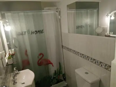 a bathroom with a shower curtain with a flamingo on it at CERRO CHICO APART in Cordoba