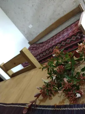 a wooden table with a potted plant on it at El Amanecer in Santa Rosa de Calamuchita