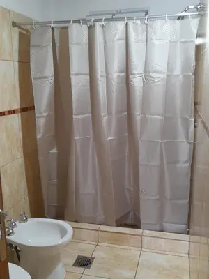 a bathroom with a shower curtain and a toilet at Cabañas Santa Isabel in Santa Rosa de Calamuchita