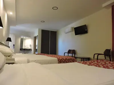 a hotel room with two beds and a flat screen tv at Los Espinillos Hotel y Spa in Villa Carlos Paz