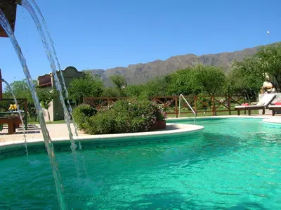 a water fountain in a swimming pool with mountains in the background at Posada Los Antiguos-Adults Only in Merlo