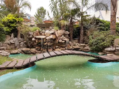 a bridge over a pool of water in a garden at Hotel Presidente in Villa Carlos Paz