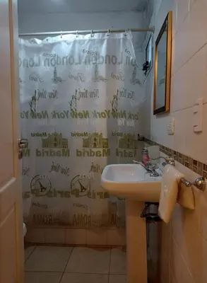 a bathroom with a sink and a shower curtain at Apartamentos Santa Rosa PB 2 in Cordoba