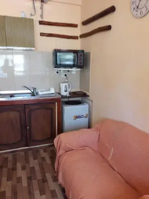 a kitchen with a couch and a sink and a microwave at Santorini Bed en Córdoba in Cordoba