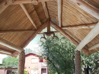 a wooden roof with a chandelier hanging from it at Casitas Volver a Nacer in Carpintería
