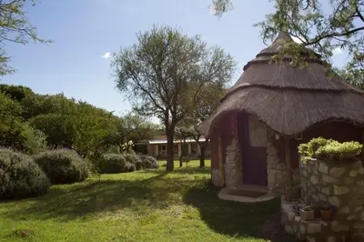 a small building with a grass roof on a yard at Las Dalias in Villa de Las Rosas