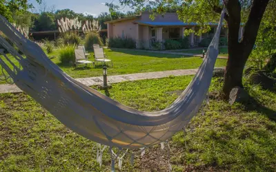 a hammock in a yard with a house at Las Dalias in Villa de Las Rosas