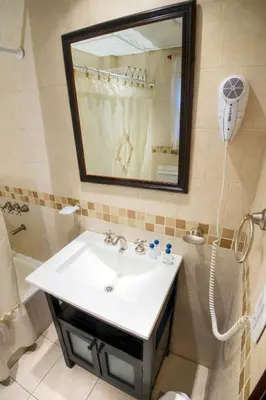 a bathroom with a sink and a mirror and a shower at Apart Hotel Las Palmeras in Villa General Belgrano