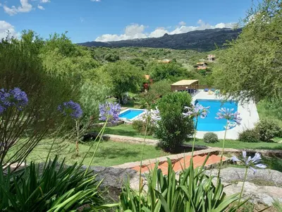 a view of the garden and swimming pool at Los Ancares Resort in Mina Clavero