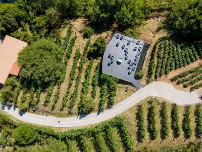 an overhead view of a farm with a road and crops at Terrazas de Belgrano - Club de Montaña in Villa General Belgrano