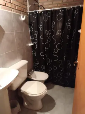 a bathroom with a toilet and a black shower curtain at Complejo Los Sauces in Mina Clavero