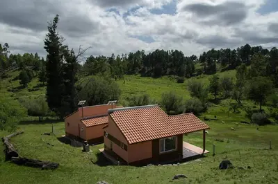 a small house in the middle of a field at Los Abedules Cabañas in Villa Alpina
