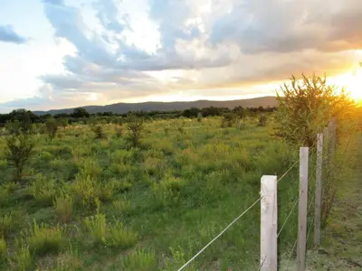 a fence in a field with a sunset in the background at La Catalina Suites de Campo in Nono