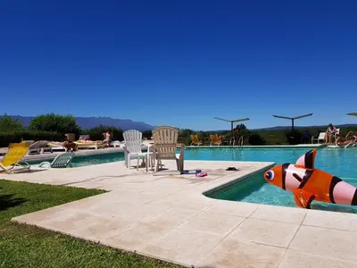 a pool with a fish toy next to a swimming pool at Balcón del Río, Hotel de Campo y Cabañas in Mina Clavero