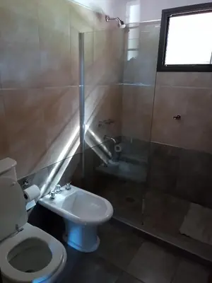 a bathroom with a toilet and a shower and a sink at Cabaña Azul in Villa Anizacate