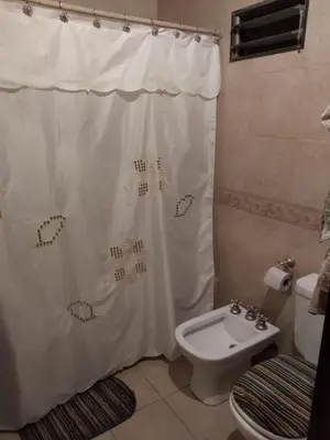 a bathroom with a shower curtain and a toilet at Complejo Norte in Merlo