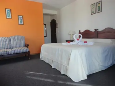 a bedroom with a large bed with a white bedspread and a largeumedumed at El Cortijo Apart - Hotel in Merlo