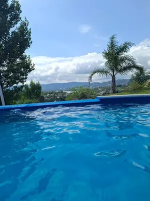 a swimming pool with blue water and a palm tree at Cabañas Los Álamos in Villa Carlos Paz