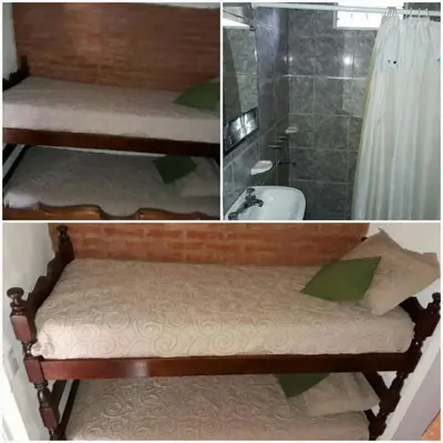 a collage of three pictures of a bed in a room at Mini Complejo Familiar Roque in Mina Clavero