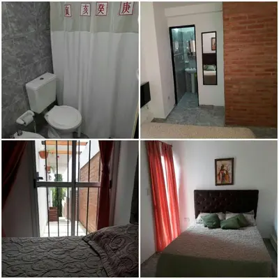 a collage of pictures of a bedroom with a bed and a bathroom at Mini Complejo Familiar Roque in Mina Clavero
