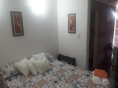 a bedroom with a bed with pillows on it at Mini Complejo Familiar Roque in Mina Clavero