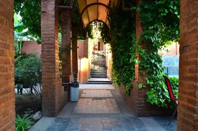an alleyway with a brick building with ivy at Posada Alpenrose Neu in Villa Carlos Paz