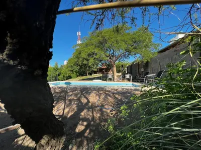 a view of a swimming pool from behind a tree at el PARAISO in Villa Anizacate