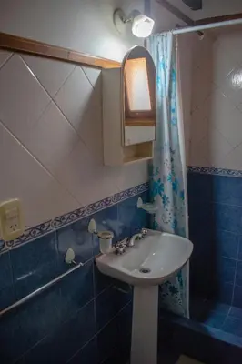 a bathroom with a sink and a shower curtain at Cabañas Monteolivos in Merlo