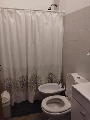 a bathroom with a toilet and a sink and a shower curtain at Buenas Vibras in Villa Carlos Paz