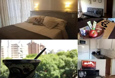 two pictures of a room with a bed and a window at Luminoso departamento en Cañada y a pasos de todo! in Cordoba