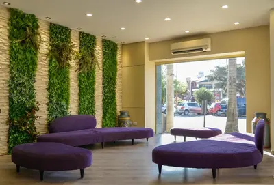 a waiting room with purple chairs and a green wall at Hotel Ananque in Villa Carlos Paz