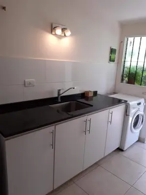 a kitchen with a sink and a washing machine at Casa Simona Villa General Belgrano in Villa General Belgrano