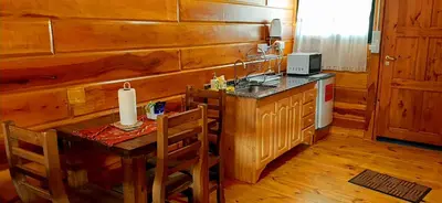 a kitchen with a table and a sink and a stove at Complejo Apus in La Cumbrecita
