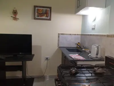 a kitchen with a stove and a sink and a television at MT Verde Barrio Jardín in Cordoba