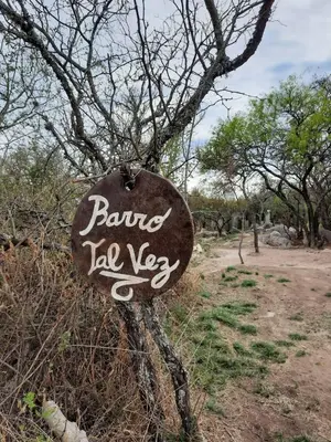 a sign that says banana lvl vet hanging on a tree at La Roja y Barro tal vez in Los Molles