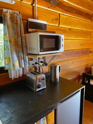 a kitchen with a microwave and a toaster on a counter at Cabañas San Urbano 1 in Villa Yacanto