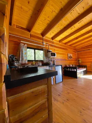 a kitchen in a log cabin with a counter top at Cabañas San Urbano 1 in Villa Yacanto