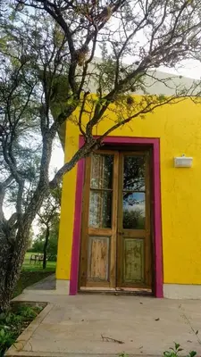 a yellow building with a wooden door next to a tree at apartamento VINTAGE LU in Merlo