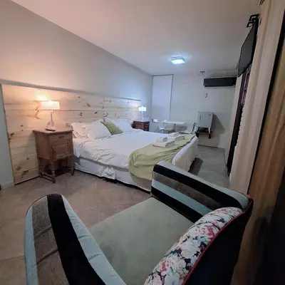 a bedroom with a bed and a desk and a chair at Hotel Antiguo Camino in Villa General Belgrano