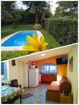 two pictures of a living room and a pool at Rincón Sereno in Villa General Belgrano