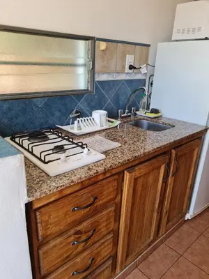 a kitchen counter with a stove and a sink at Cabañas Las Pencas in Mina Clavero