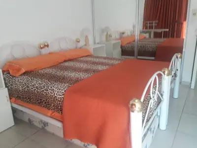 a bedroom with a bed with an orange blanket at Departamento Entre Rios in Villa Carlos Paz