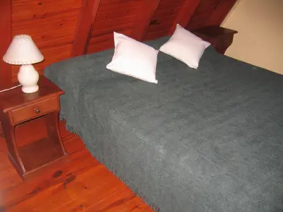 a bed with two pillows and a lamp on a table at Cabañas Ayres del cerro in Merlo