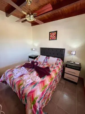 a bedroom with a bed and a ceiling fan at Cabañas PAIGÜEN in Villa Yacanto