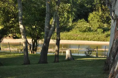 a group of trees in a park next to a body of water at Casa grande La Querencia in Villa Cura Brochero