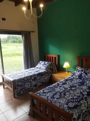 two beds in a room with a green wall at CABAÑAS EXCLUSIVAS LAS ROSAS - CORDOBA in Villa de Las Rosas
